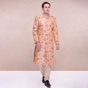 印度进口 男装宽松丝棉传统正宗民族服饰 刺绣含裤子浅橙奢华