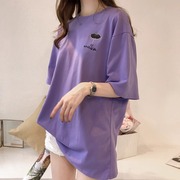 韩版夏2024紫色短袖t恤女宽松休闲中长款上衣潮，纯棉ins潮欧货