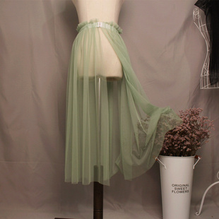绿网纱裙仙女半身裙女夏中长款一片式搭扣裹裙长裙，开叉纱裙大裙摆