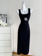 黑色重工刺绣针织连衣裙女夏季长裙，法式高端精致气质吊带礼服裙子