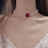 still复古玫瑰多层珍珠项链女红色，精致choker装饰短款颈链