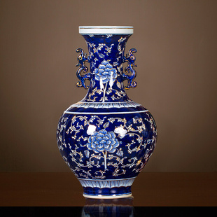 景德镇陶瓷描金手绘青花瓷落地大，花瓶仿古新中式客厅瓷器摆件大号