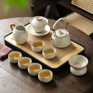 2023米黄汝窑功夫茶具套装家用轻奢高档泡茶具茶盘喝茶茶杯