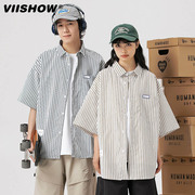 viishow潮牌日系条纹短袖，衬衫男2023夏季情侣，宽松百搭上衣服外套