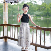 拉夏贝尔女童汉服连衣裙，女孩2023中国风套裙，儿童夏季水墨裙子