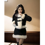 “雪域公主”韩系小香风，设计感千金风毛领黑色，外套半身长裙两件套