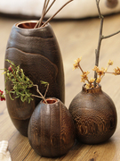日式烧桐木花瓶 实木花插花器 木质花瓶摆件 台面小花瓶茶道零配