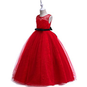 2024长礼服刺绣婚纱，公主裙女童，红色抹胸齐地长裙生日晚礼服