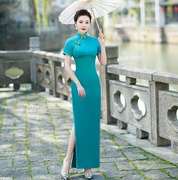 纯色旗袍2022年复古改良中国风年轻款气质修身长款走秀演出服