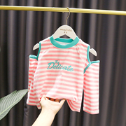 1-5岁女宝宝条纹纯棉T恤打底衫女婴儿童秋装女童洋气露肩韩版上衣