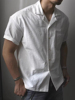 美式古巴领衬衫男口袋，设计感修身短袖潮牌工装白衬衣(白衬衣)西装领寸衫薄