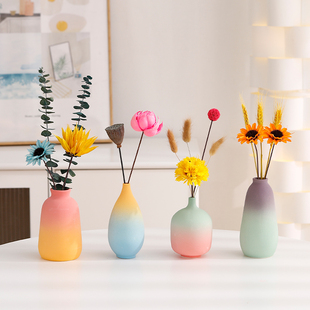 彩虹渐变色陶瓷花瓶搭配天然干花不会凋谢