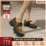 MIO米奥2023秋季圆头高跟拼色厚底单鞋复古学院风绒布玛丽珍鞋女