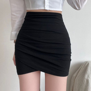 黑色短裙女春秋2024韩版半身裙高腰，紧身包臀性感，不规则褶皱一步裙