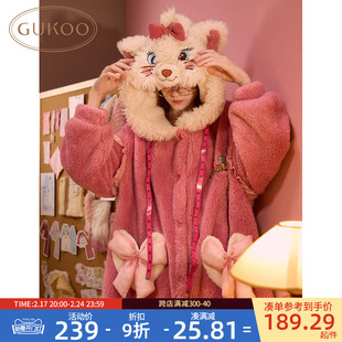 Gukoo/果壳睡袍女冬季玛丽猫珊瑚绒睡衣加绒可爱女士家居服D