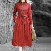 Pasinoe香港春季高级时尚气质红色裙子收腰文艺复古连衣裙女