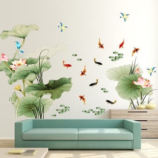 大型古典中国风系列可移除墙贴纸客厅沙发电视背景荷花叶荷景荷塘