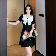 黑色连衣裙夏短袖(夏短袖)赫本风蝴蝶结，方领裙女高级感气质短裙