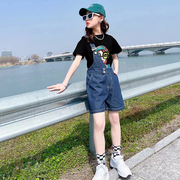 女童套装夏季韩版中大童洋气短袖T恤小女孩牛仔背带短裤两件套潮