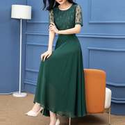 纳绎绿色连衣裙女夏季2023复古洋气，时尚气质拼接蕾丝雪纺裙子