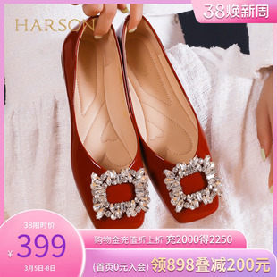 哈森春季平底鞋女款法式甜美风水钻红色单鞋女婚鞋HL226608