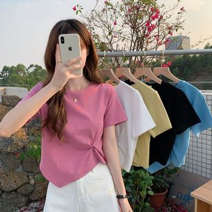 2023夏季韩版ins圆领不规则设计感短款体恤休闲显瘦短袖T恤女
