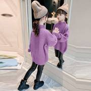 女童紫色毛衣中大童女孩中长款半高领，打底衫儿童保暖加厚毛衫洋气