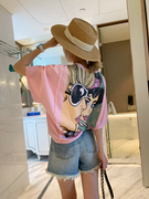 智研韩国东大门夏季时髦时尚洋气宽松粉色，后背美女头像短袖t恤