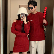 情侣装秋冬法式圣诞过年订婚红色毛衣针织衫，韩版性感风包臀裙