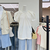 韩国东大门女装夏慵懒(夏慵懒)风，泡泡袖白衬衫法式独特小上衣褶皱短袖t恤