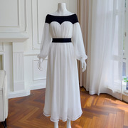 法式优雅性感一字领长裙女遮肉灯笼长袖，黑白撞色雪纺连衣裙68126