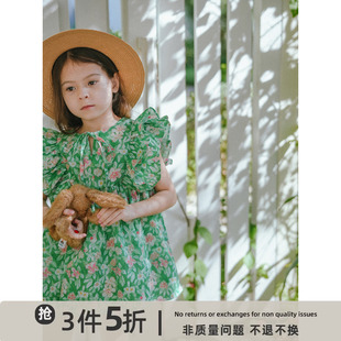 史豌豆(史豌豆)女童夏装，2023连衣裙儿童绿色，飞袖甜美上衣宝宝短衬衫裙