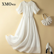 赫本风轻奢泡泡袖白色连衣裙夏季大码清新纯色系带小众减龄仙女裙