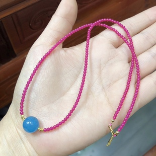 P355 红宝石锁骨链项链原创天然海蓝宝圆珠简约2/10mm妈妈链首饰