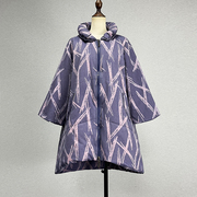 品牌折扣中长款紫色棉衣女A字宽松大版喇叭袖拉链保暖九分袖棉服