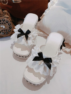 原创设计甜美蕾丝花边一字坡跟外穿凉拖白色仙女蝴蝶结气质LO鞋