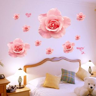 粉色玫瑰墙贴浪漫卧室客厅电视，背景装饰贴画，墙纸花朵蝴蝶贴纸自粘