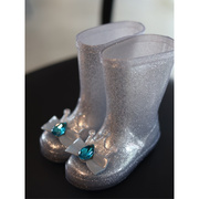 儿童雨鞋女童公主蝴蝶结带水钻雨鞋银光闪闪的艾莎雨靴