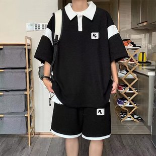 华夫格短袖polo衫套装，男潮牌休闲衣服，男款2023夏季男装两件套