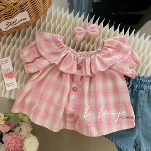 spring韩国童装亲子装儿童粉色格子，大翻领泡泡袖上衣女童夏季短袖