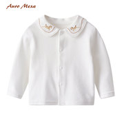 auromesa春秋婴儿白色长袖衬衫刺绣，翻领女宝纯棉，打底上衣百搭衬衣