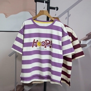 紫色条纹宽松短袖T恤女2024夏季甜美百搭时尚韩版上衣潮7527