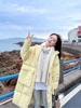 奶黄色羽绒棉服，女中长款2022冬季韩版chic面包服加厚外套棉衣