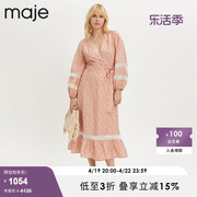 Maje Outlet春秋女装粉色系带印花泡泡袖连衣裙长裙MFPRO02438
