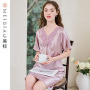 美标19姆米重磅短袖真丝睡裙女夏6A级桑蚕丝绸睡衣甜美蕾丝家居服