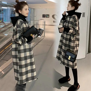 2022女装韩版宽松中长款假两件格子卫衣裙秋冬加绒加厚外套潮