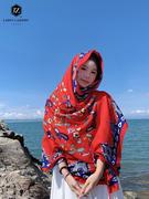 红色民族风丝巾披肩沙滩旅行防晒长款超大薄款百搭纱巾异域风围巾