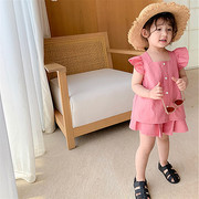 女童韩版套装飞袖娃娃衫上衣加儿童舒适短裤2024夏装外贸童装