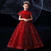 2024年秋季女童礼服红色中式小拖尾公主裙儿童洋气走秀晚礼服