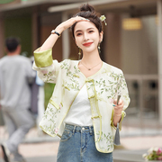 新中式国风夏装圆领系带，盘扣拼色反口袖刺绣，欧根纱防晒短外套